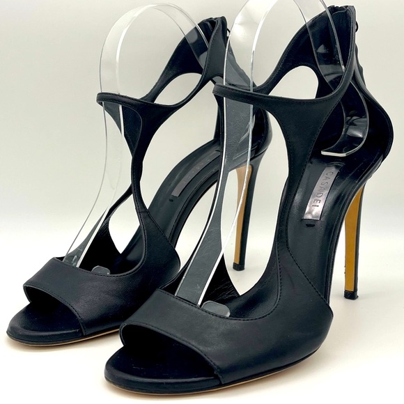 Casadei - Leather Strappy Open Toe Heels with Zipper Closure - Black - Size 8 - Picture 3 of 11